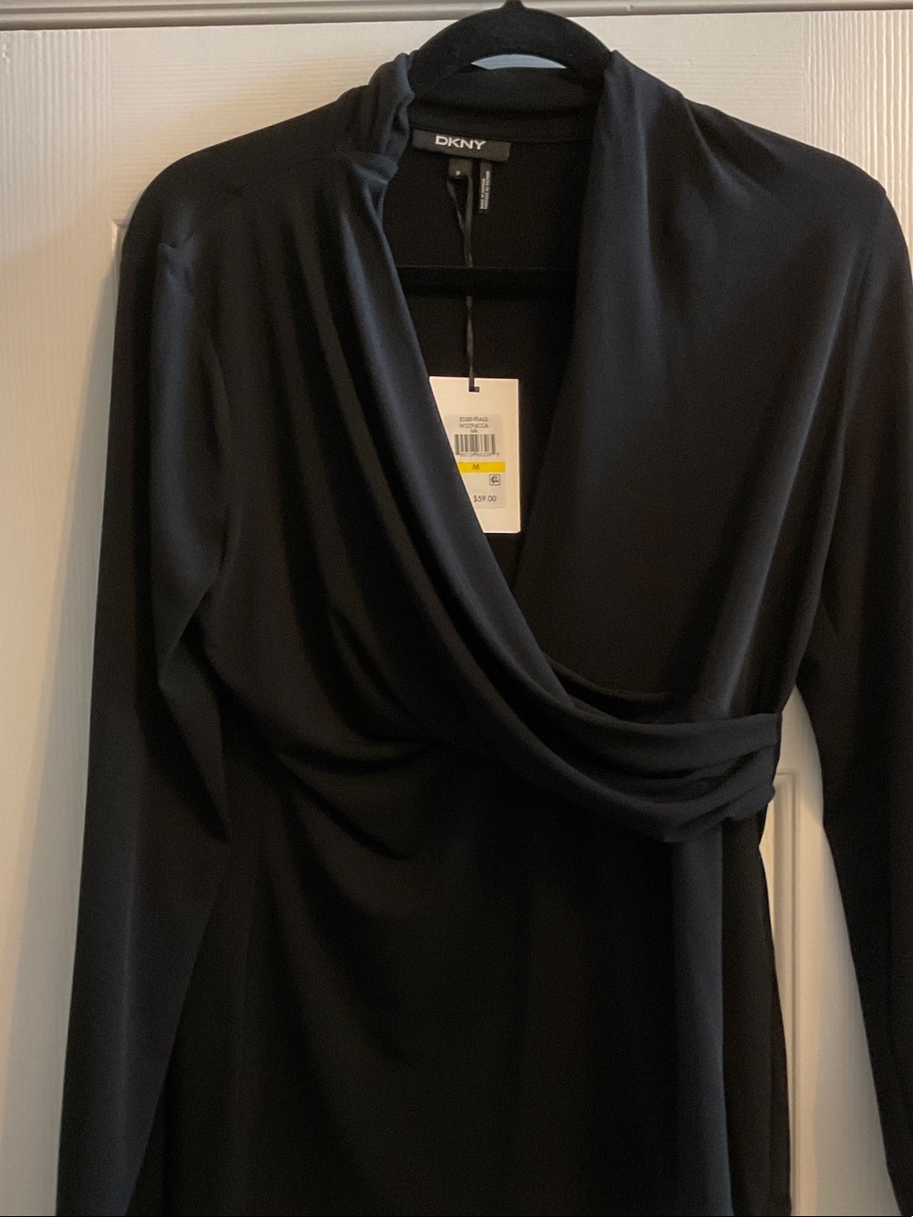 DKNY Black Draped Wrap-Front Long Sleeve Dress, NWT